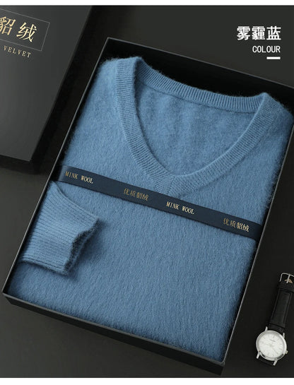 100% Pure Mink Cashmere Sweater Men's V-Neck Pullovers Knit Large Size Mink Sweater Winter New Long Sleeve High-End Jumpers Tops