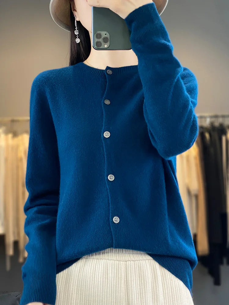 100% Merino Wool Sweater Women O-Neck Cardigan Basic Style  Buttoned Knitwear Female Casual Autumn Winter Soft Tops
