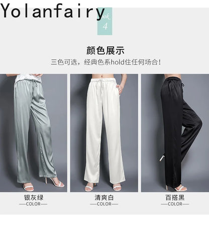 YOLANFAIRY Casual Wide Leg Pants Summer 95% Real Mulberry Silk Women's Pants Korean Loose Trousers Woman Silk Pants Full Length
