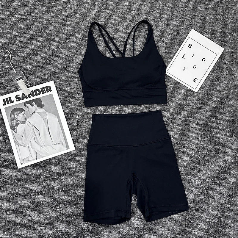 SOISOU Nylon Gym Yoga Set Women's Tracksuit Cycling Shorts Set Tight Elastic Short Chest Pad Removable Bra Womens Clothing