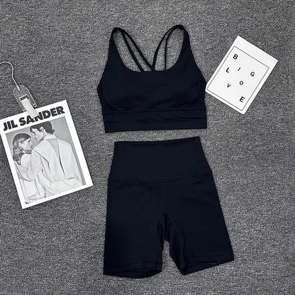 SOISOU Nylon Gym Yoga Set Women's Tracksuit Cycling Shorts Set Tight Elastic Short Chest Pad Removable Bra Womens Clothing