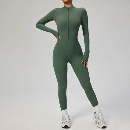 TRY TO BN Women's Jumpsuit Long Sleeve Zipper Shapewear Bodysuit Yoga Fitness One Piece Tights Gym Clothing Mono Deportivo Mujer