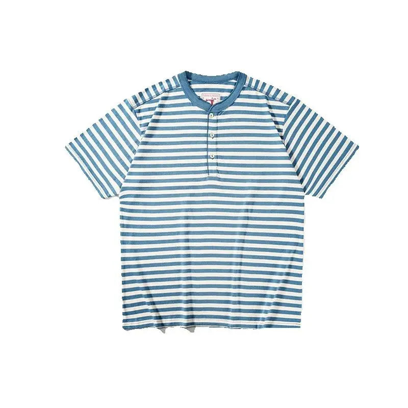 American Retro Sea Soul Shirt 270g Heavy Cotton T-shirt Men's Casual Round Neck Short Sleeve T-shirt Striped Base T-shirt