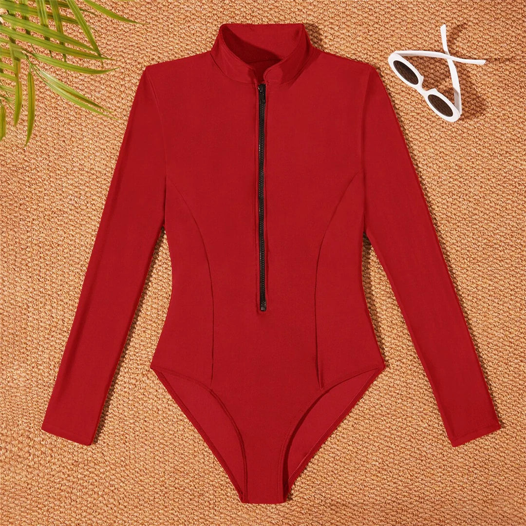 S - 2XL 4 Colors Long Sleeve With Zipper Surf Rash Guard One Piece Swimsuit Women Swimwear Female Bather Bathing Suit Swim V6266