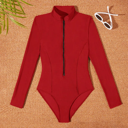 S - 2XL 4 Colors Long Sleeve With Zipper Surf Rash Guard One Piece Swimsuit Women Swimwear Female Bather Bathing Suit Swim V6266