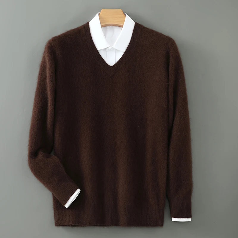 100% Pure Mink Cashmere Sweater Men's V-Neck Pullovers Knit Large Size Mink Sweater Winter New Long Sleeve High-End Jumpers Tops