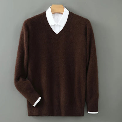 100% Pure Mink Cashmere Sweater Men's V-Neck Pullovers Knit Large Size Mink Sweater Winter New Long Sleeve High-End Jumpers Tops