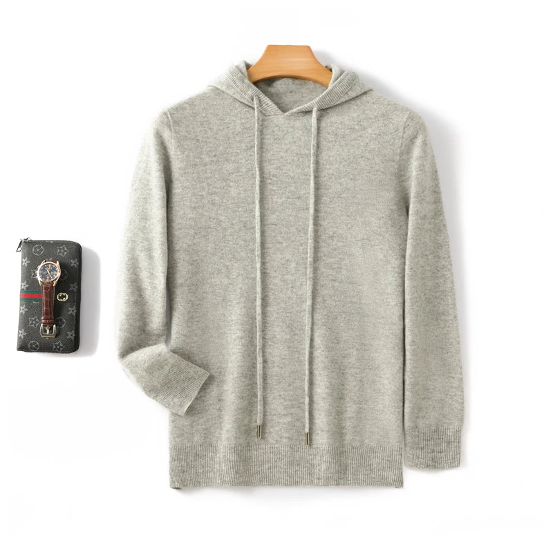 Men's 100% Merino Wool Sweater Hooded Collar Knitted Pullover Cashmere Sweatshirt Autumn Winter Casual Large Tops Long Sleeved