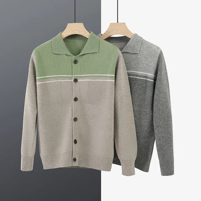 100% Merino Wool Men's Lapel Collar Knit Cardigan Coat 2025 Spring/ Autumn New POLO Neck Business Casual Cashmere Jacket Sweater