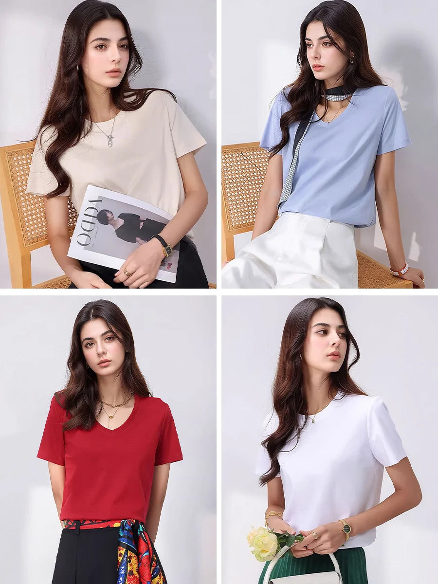 SuyaDream Women Solid T shirts, Silk Cotton Blend, O Neck, Short Sleeved Solid Tee,2025 Summer Candy Colors Basic Cozy Top Green