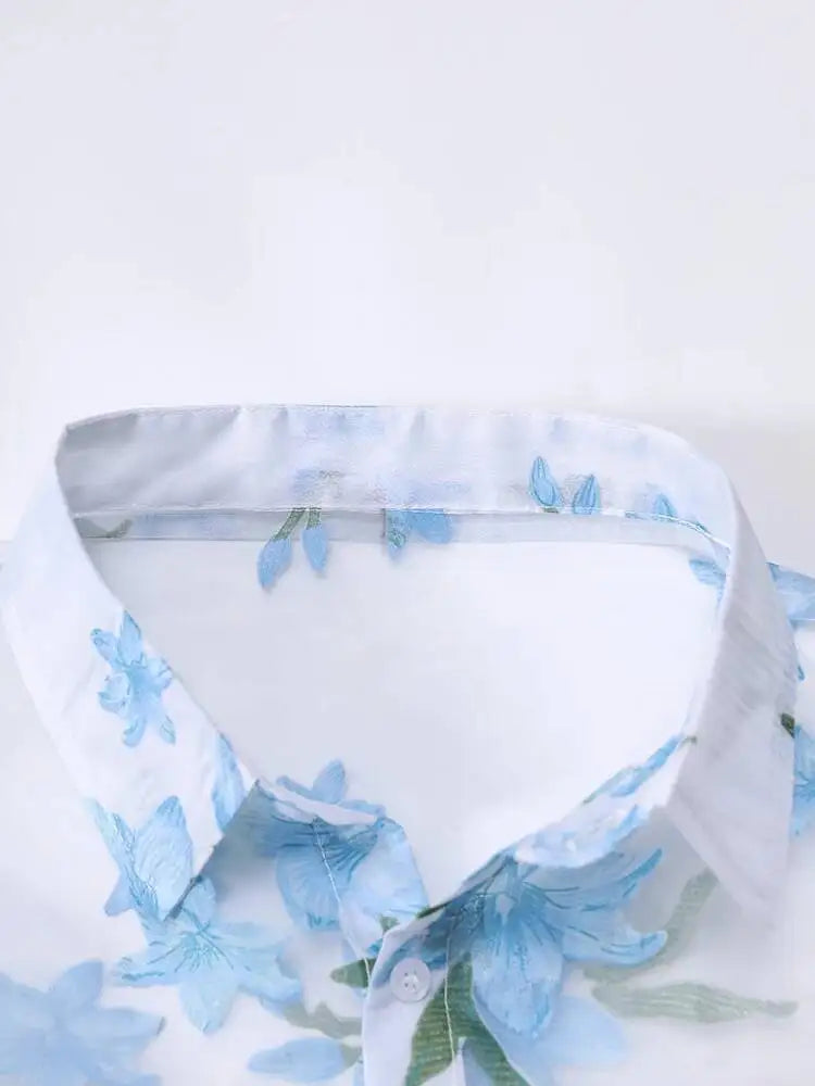 DEAT Fashion Floral Print Sheer Organza Shirt Women's Lapel Loose Light Blue Blouse Summer New