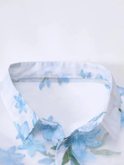 DEAT Fashion Floral Print Sheer Organza Shirt Women's Lapel Loose Light Blue Blouse Summer New