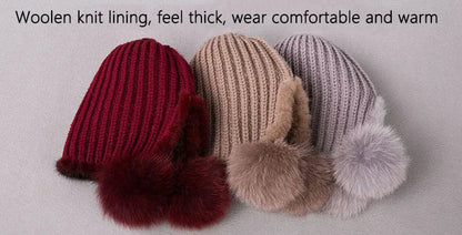 Fashion Women Real mink hat Winter warm mink fur knit hats Women fox fur ball cap