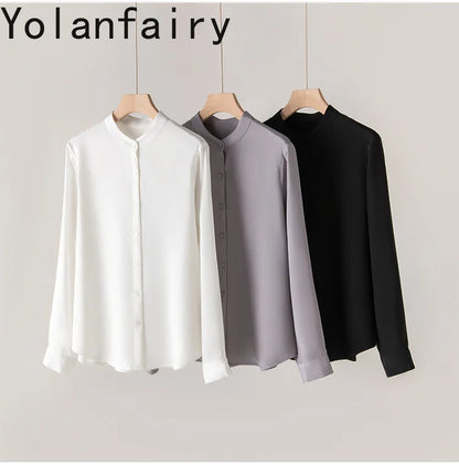 YOLANFAIRY 93% Natural Mulberry Silk Shirts Woman 2026 Stand Collar Long Sleeve Blouse Women Elegant White Shirt OL Ladies Tops