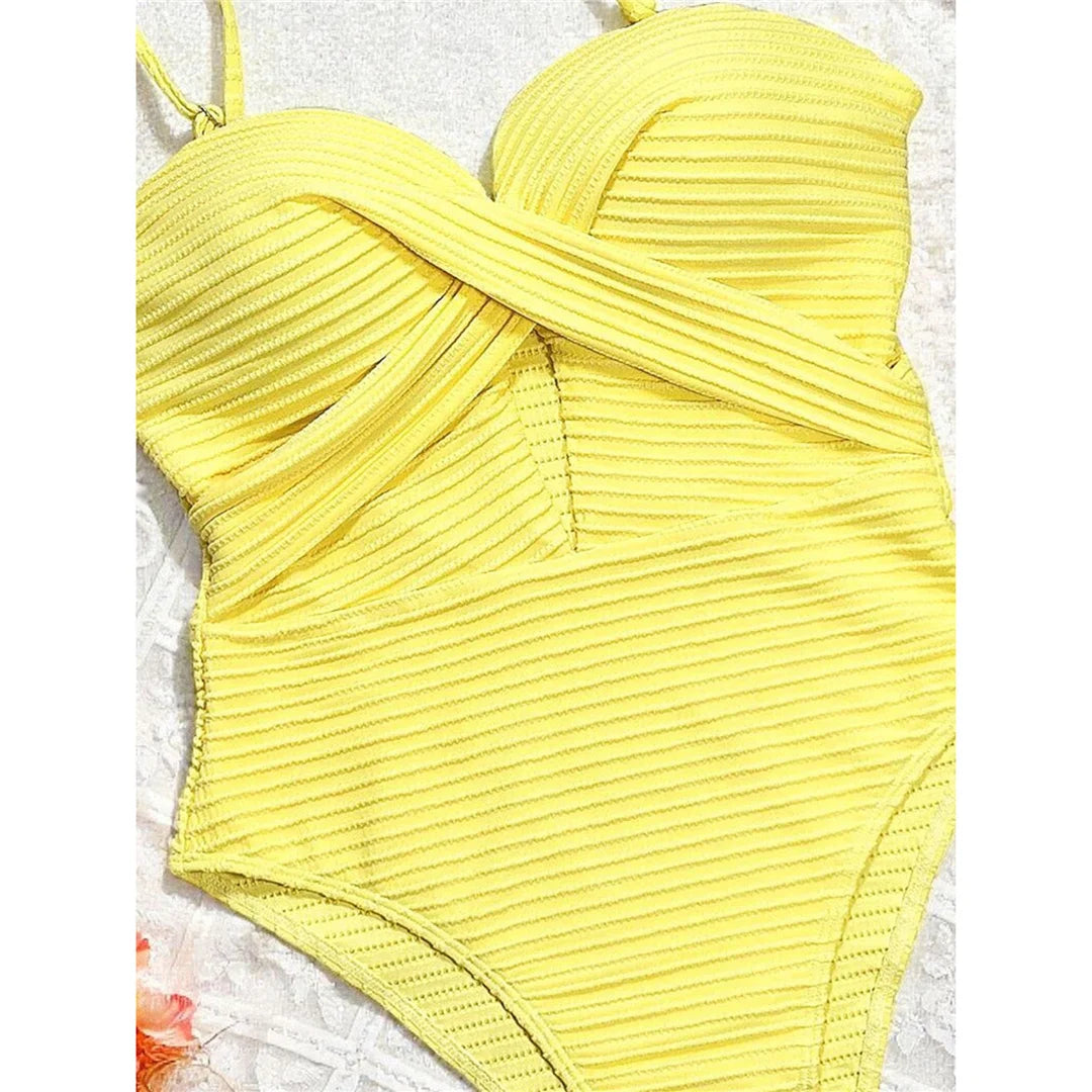 Sexy Ribbed Cut Out U Neck Women Swimwear One Piece Swimsuit Female Monokini High Cut Leg Padded Bather Bathing Suit Swim V7604