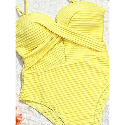 Sexy Ribbed Cut Out U Neck Women Swimwear One Piece Swimsuit Female Monokini High Cut Leg Padded Bather Bathing Suit Swim V7604