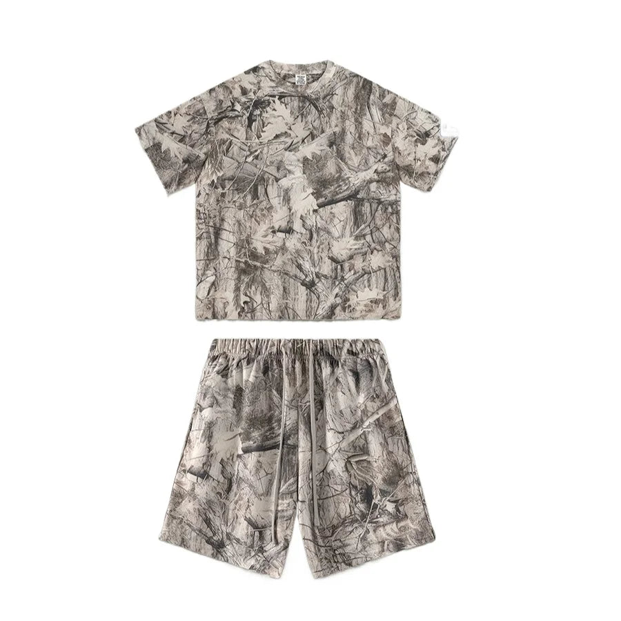 Custom LOGO men's summer camouflage splicing 240G quick-drying cotton polyester short-sleeved T-shirt loose sports shorts set