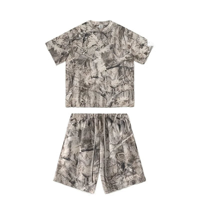 Custom LOGO men's summer camouflage splicing 240G quick-drying cotton polyester short-sleeved T-shirt loose sports shorts set
