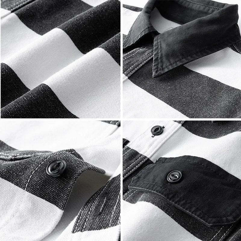 Amekaji Heavyweight Zebra Striped Jacket - Thick Canvas Motorcycle Biker Jacket Retro Workwear Coat