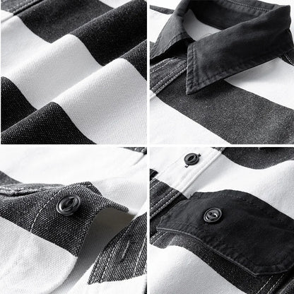 Amekaji Heavyweight Zebra Striped Jacket - Thick Canvas Motorcycle Biker Jacket Retro Workwear Coat