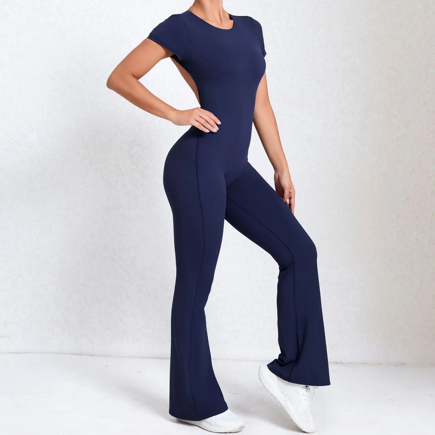 Women's Tracksuit Yoga Set Backless Jumpsuits Back V One Piece Fitness Rompers Short Sleeves Sportswear Gym Set Workout Clothes