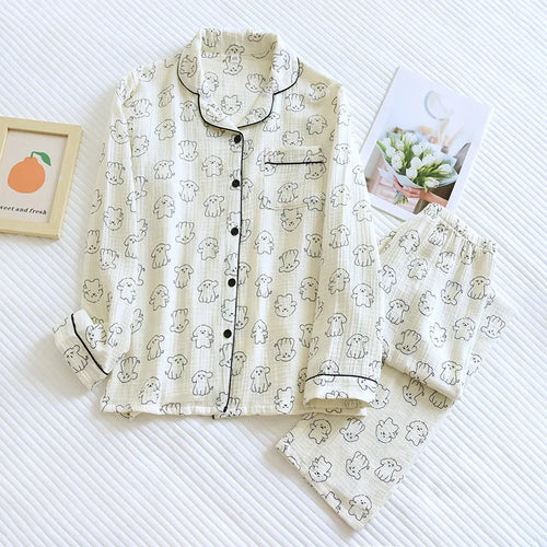 2026 New Spring and Autumn Women's Pajama Set 100% Cotton Crepe Cute Long sleeved Pants Two piece Printed Loose Home Fury