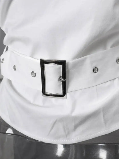DEAT Fashion Belted Waist Shirt Women's One Shoulder Asymmetrical Collar Long Sleeve White Blouse Sumemr New
