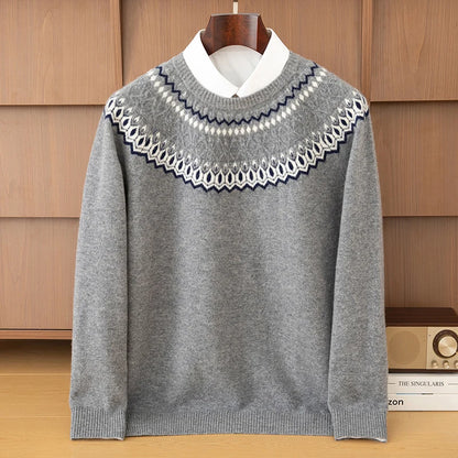 Autumn Winter 100%Wool Knit Pullover Men's O-Neck Color Block Sweater Jumper Fashion Thicken Loose Tops Clothing Warm Base Shirt