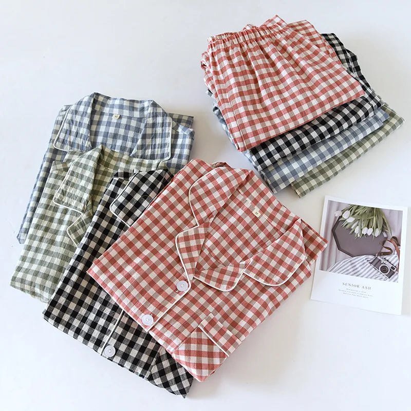 2026 New Japanese Spring and Autumn Couple Pajama Set 100% Cotton Men's and Women's Plaid Long Sleeve Two Piece Home Furnishing