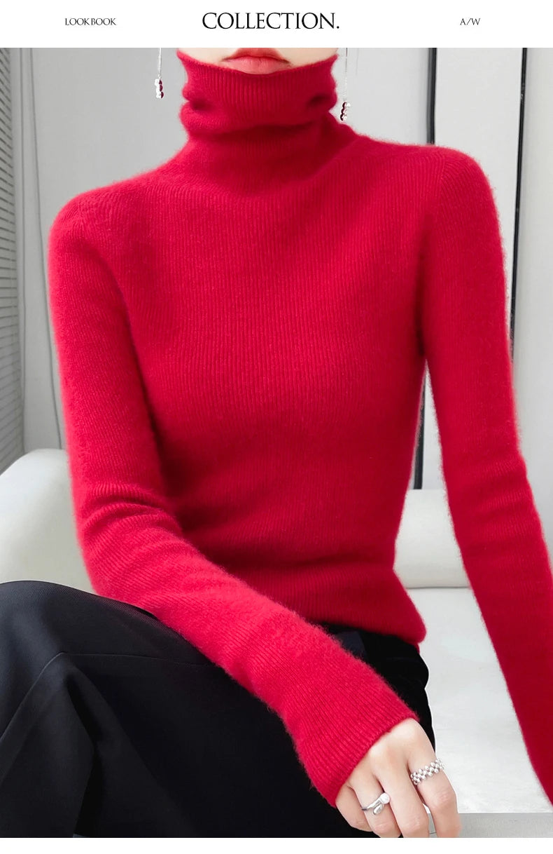 100% Merino Wool Long-sleeved Turtleneck Pullover Women's Autumn Winter Slim Sweater Basic Women's Clothes Cashmere Sweater