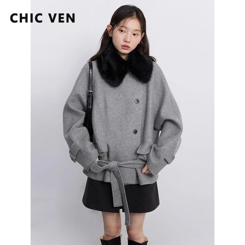 CHIC VEN Women Korean Coat Loose Casual Woolen Single-sided Detachable Collar Female Overcoat Ladies Jacket Autumn Winter 2025