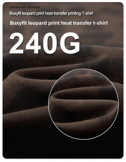 Custom LOGO men's new summer 240G cotton polyester American retro BOXY leopard print short-sleeved T-shirt casual loose top