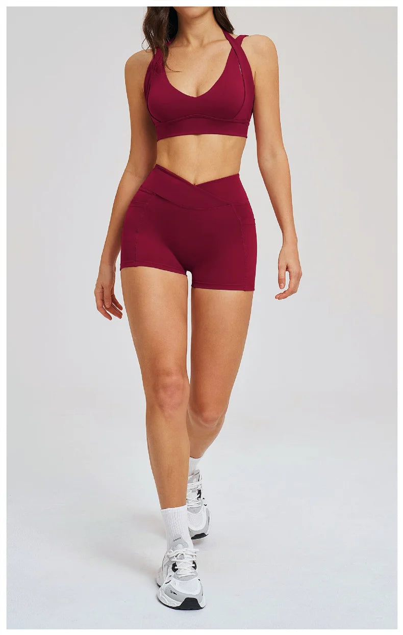TRY TO BN Women's Tracksuit Shorts Sports Gym Set Halter Neck Fitness Cross Waisted Short Running Two Pieces Suits Yoga Clothing