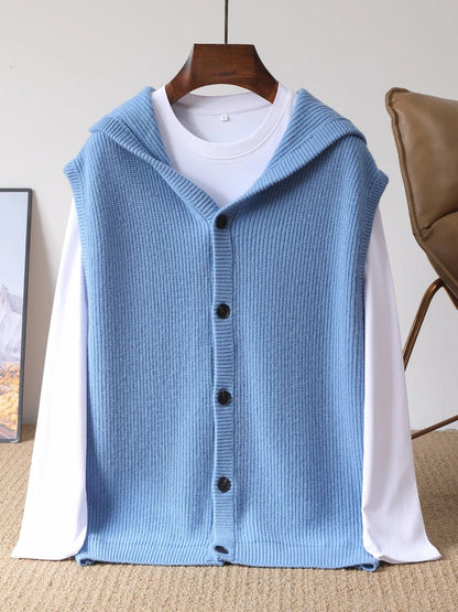 2025 Autumn/Winter Men's Vest 100% Merino Wool Knit Hooded Cardigan Casual Loose Sleeveless Solid Color Men's Cashmere Sweater