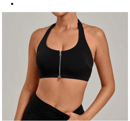 TRY TO BN Yoga Sports Bra Women's Zipper Halter Neck Naked Feeling Backless Underwear Fitness Tops Workout Running Gym Clothing