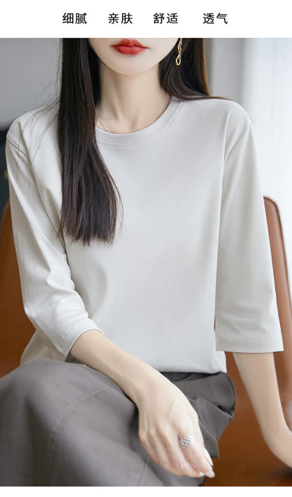 Spring And Summer New White Mercerized Cotton Short Sleeve T-Shirt Feminine Joker Cotton Cropped Sleeve Bottoming Shirt