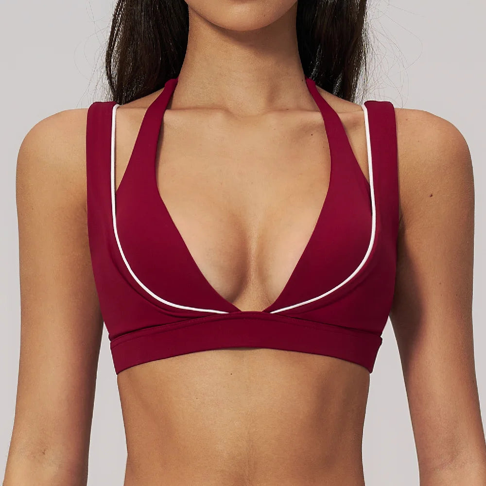 Color Contrast Deep-V Sports Bra Women's Gym Fitness Yoga Top Backless Breathable Sports Underwear Female Push Up Workout Top