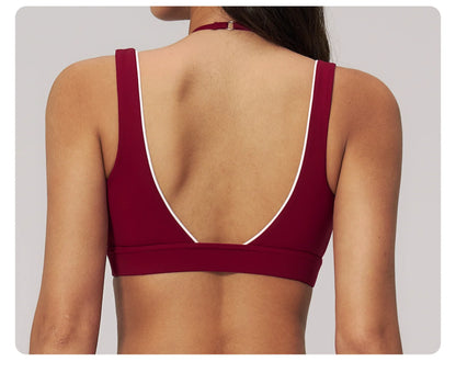 Color Contrast Deep-V Sports Bra Women's Gym Fitness Yoga Top Backless Breathable Sports Underwear Female Push Up Workout Top