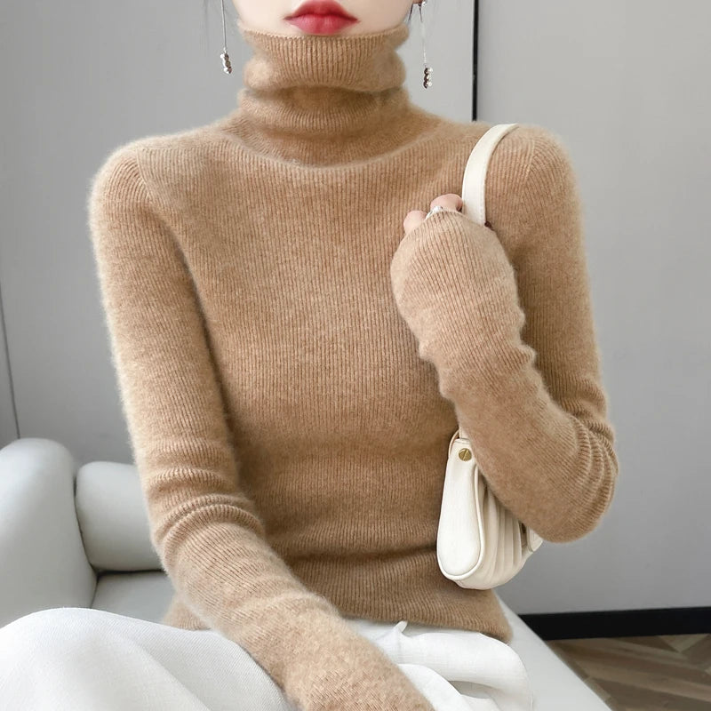 100% Merino Wool Long-sleeved Turtleneck Pullover Women's Autumn Winter Slim Sweater Basic Women's Clothes Cashmere Sweater