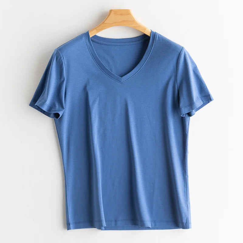 SuyaDream Women Solid T shirts, Silk Cotton Blend, O Neck, Short Sleeved Solid Tee,2025 Summer Candy Colors Basic Cozy Top Green