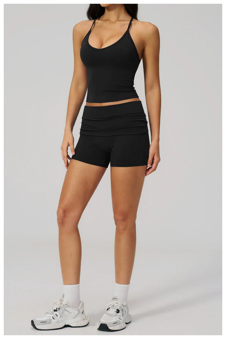 TRY TO BN Two Pieces Women's Tracksuit Vest Sling Top Set Fold-over Waist Yoga Shorts Hip Lifting Running Fitness Gym Activewear