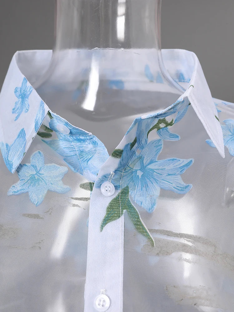 DEAT Fashion Floral Print Sheer Organza Shirt Women's Lapel Loose Light Blue Blouse Summer New