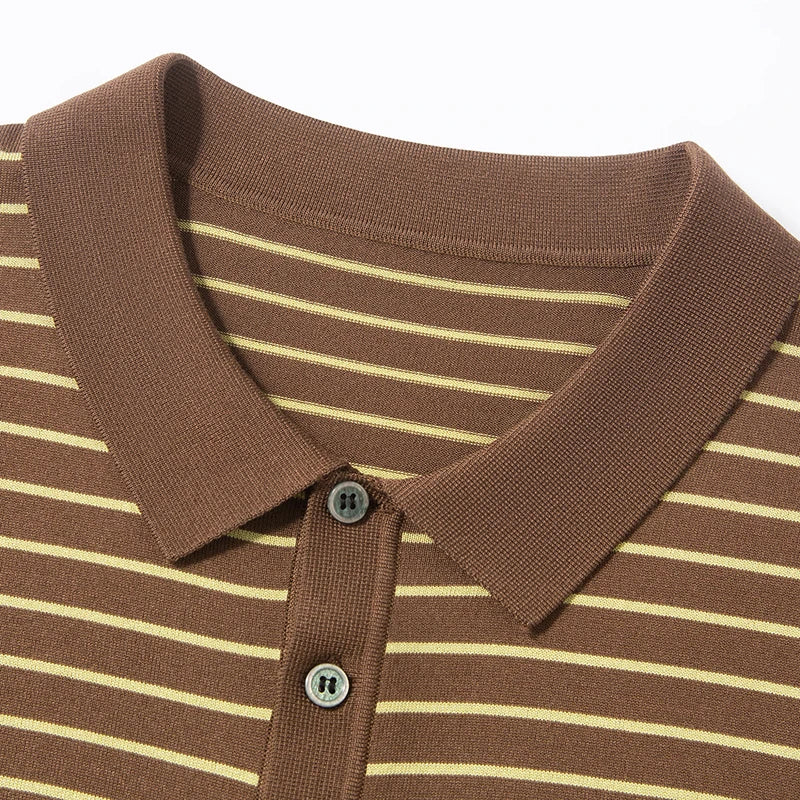 Men's Lyocell shirt summer new casual striped short sleeved T-shirt Polo collar breathable comfortable knitted pullover
