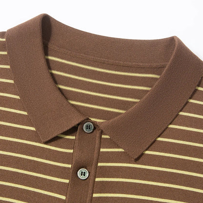Men's Lyocell shirt summer new casual striped short sleeved T-shirt Polo collar breathable comfortable knitted pullover