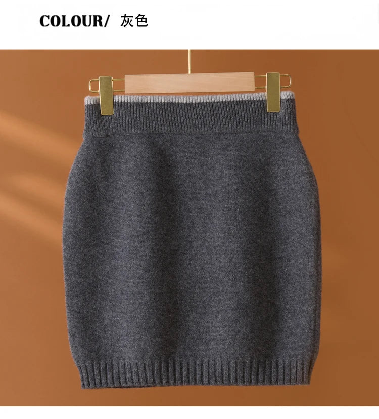 Flat Thickened Hip Hugging Skirt Women's Autumn Winter 100% Merino Wool Knitted Half Skirt Versatile Short Elastic Waist Skirt