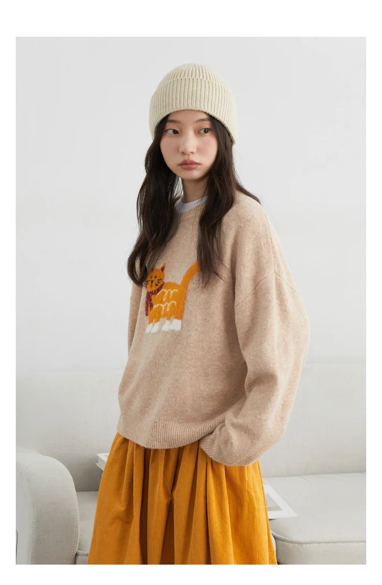 CHIC VEN New Women Sweaters Loose Casual O Neck Cartoon Cat Female Knitted Jumpers Pullovers for Girl Autumn Winter 2025
