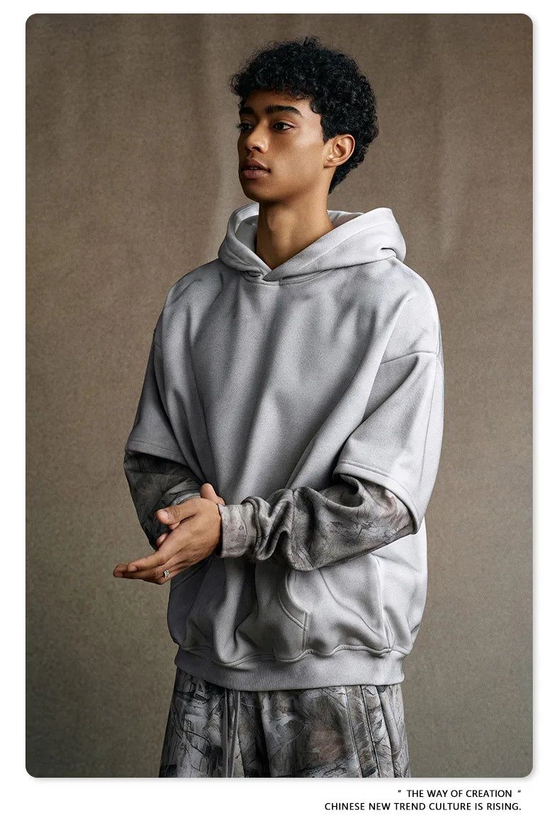 Custom LOGO Men's 2025 Autumn New 340G fleece-lined Fake Two-piece Camouflage Sweater T-Shirt Casual Pants Set