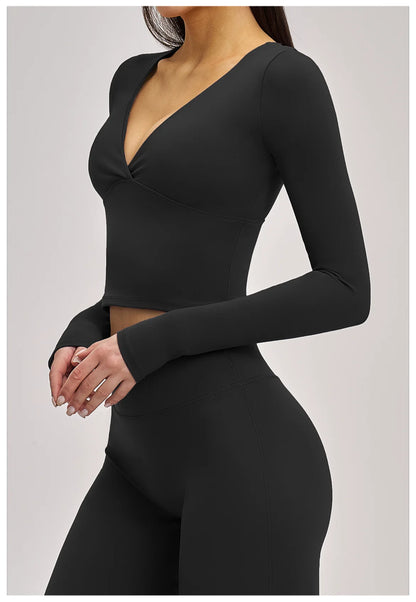 Deep-V Yoga Long Sleeve Solid Sports T-shirts Women's Gym Workout Shirts Sexy Quick Dry Fitness Long Sleeve Female Yoga Shirts