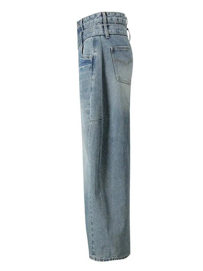 DEAT Fashion Cross Buckle Waist Baggy Jeans Women's High Waist Loose Fit Vintage Blue Denim Pants Sumemr New