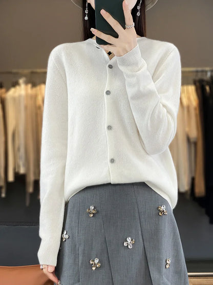 100% Merino Wool Sweater Women O-Neck Cardigan Basic Style  Buttoned Knitwear Female Casual Autumn Winter Soft Tops
